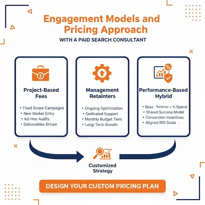 Infographic showing engagement models and pricing approach for paid search consultant services, including hourly rates, percentage of ad spend, and project-based options.