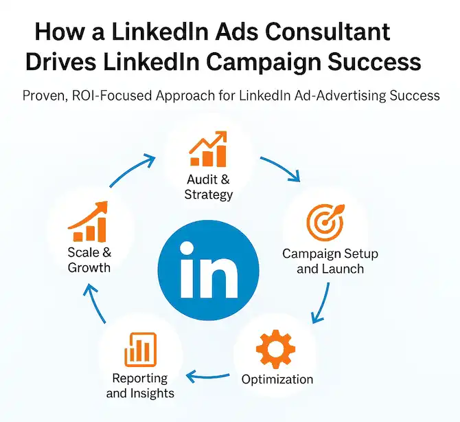 Step-by-step LinkedIn Ads Consultant process driving campaign success and ROI by TimeZ Marketing.