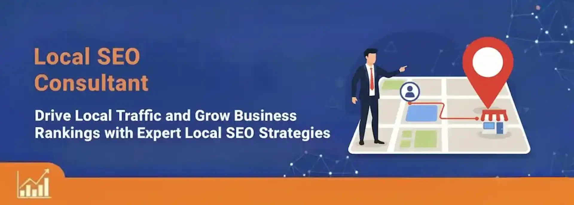 A graphic depicting a local map with a pin icon, surrounded by SEO-related symbols like a magnifying glass, a bar chart, and keywords.