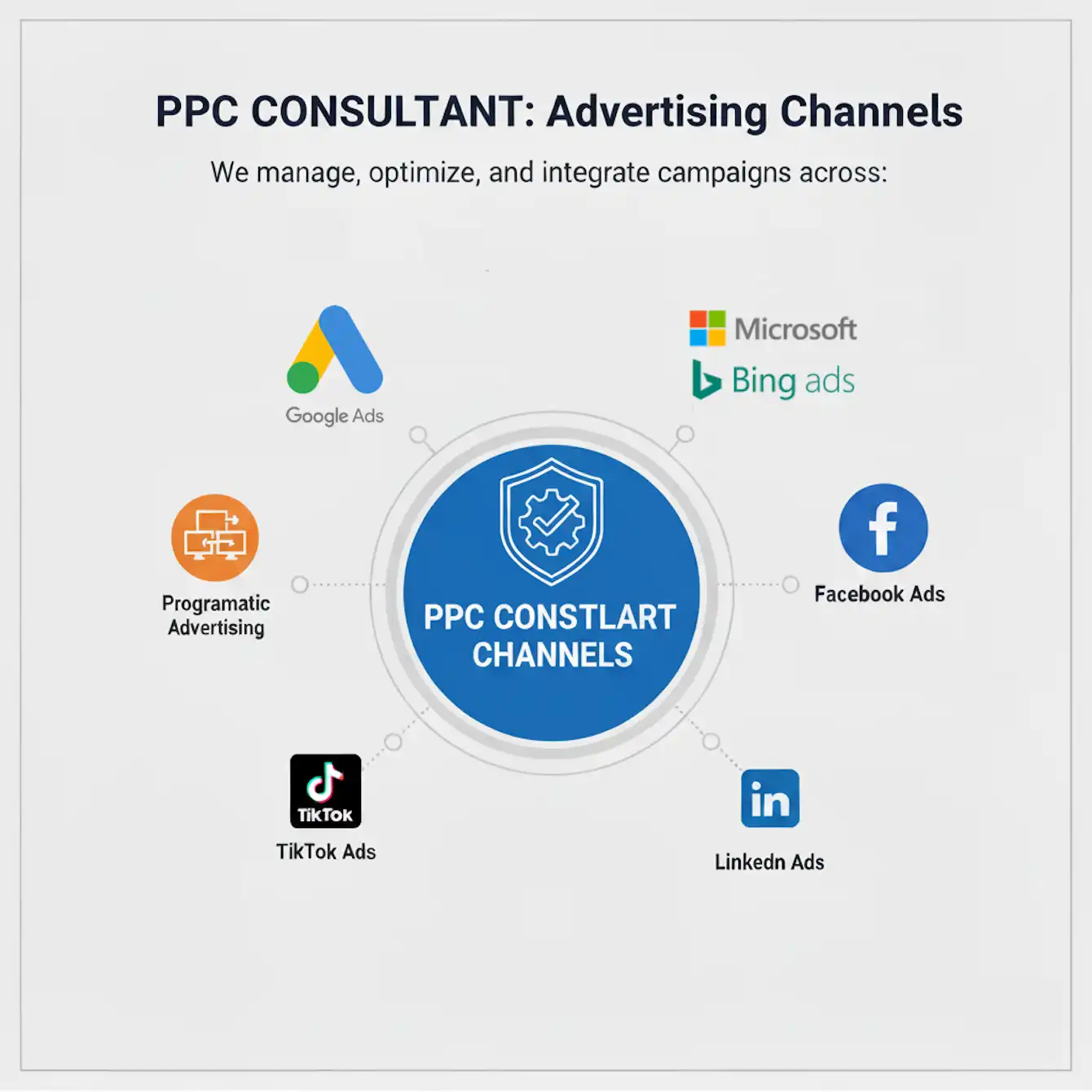 PPC consultant channels infographic with logos for Google Ads, Microsoft Advertising, Facebook, LinkedIn, TikTok, and Programmatic advertising.