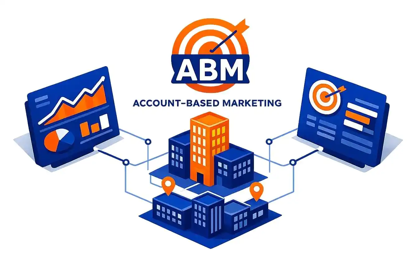 Account based marketing (ABM) agency illustrating targeted B2B accounts, data-driven dashboards, and strategic account engagement