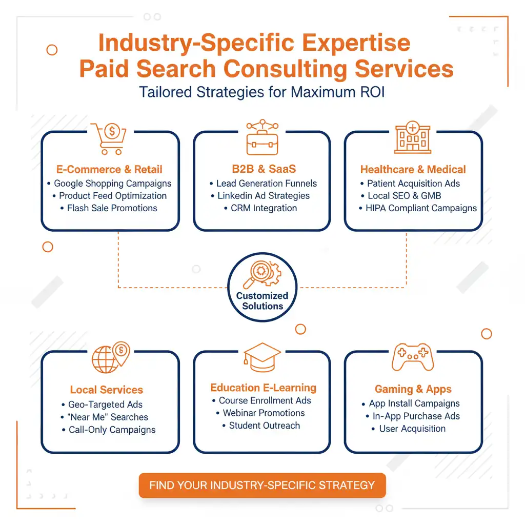 Paid Search Consultant analyzing industry-specific PPC campaign data for e-commerce, B2B SaaS, and local services with graphs and performance metrics on digital screens.