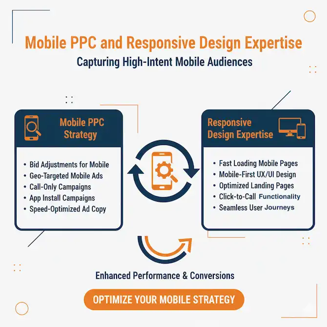 Digital marketer optimizing mobile PPC campaigns on smartphone and tablet devices, showcasing responsive landing page designs and ad performance metrics.