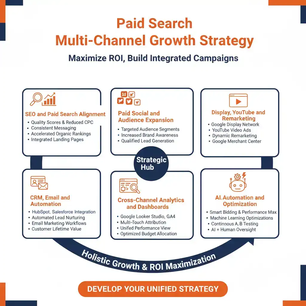 Modern digital marketing dashboard displaying integrated paid search, social ads, SEO performance graphs, and multi-channel campaign analytics in blue and orange brand colors.