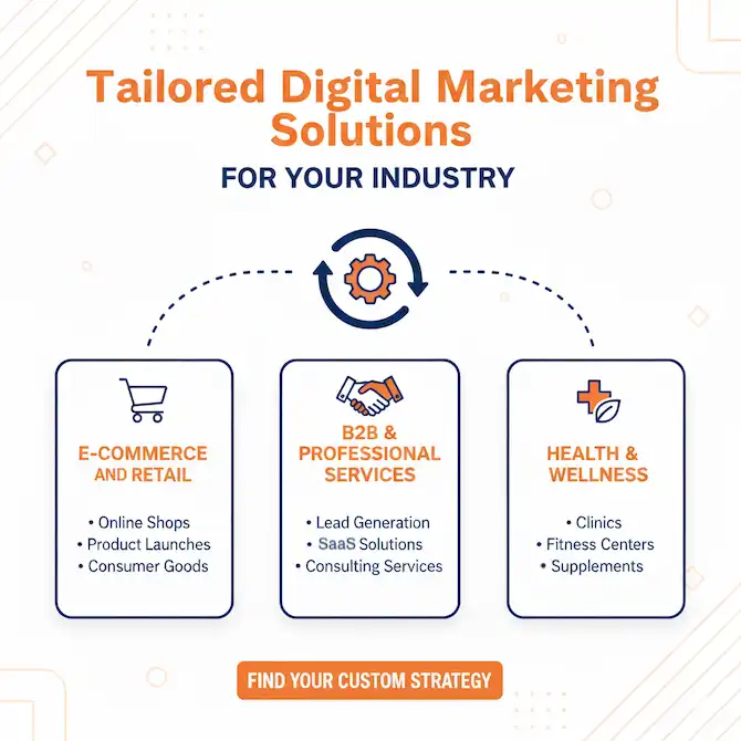 Infographic showing tailored digital marketing solutions for industries including e-commerce and retail, B2B and professional services, and health and wellness.