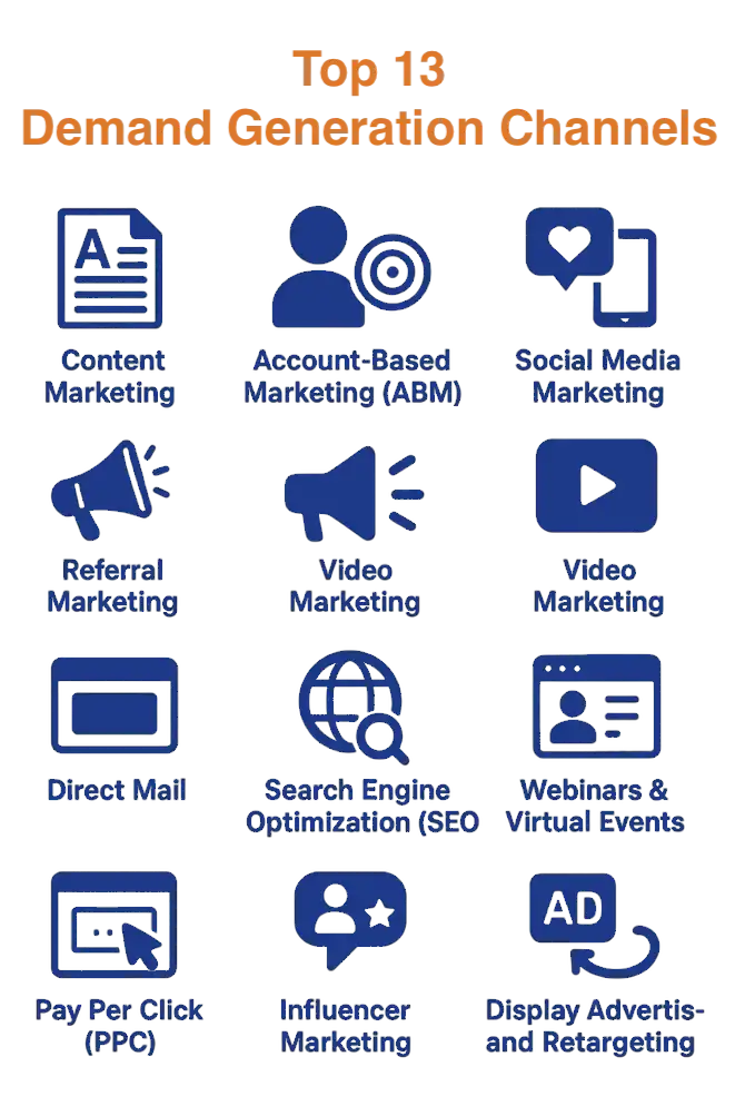 Top 13 demand generation channels used by TimeZ Marketing to drive leads, engagement, and revenue growth.